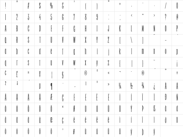 Facade MT Std Condensed  glyph index