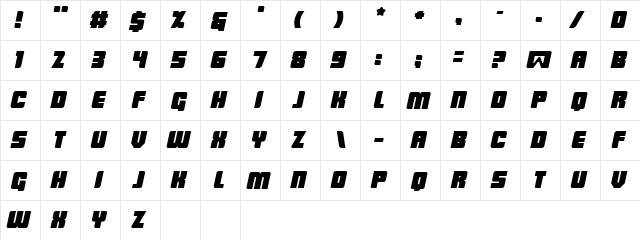 LowRider BB Italic  glyph index