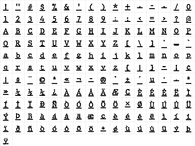 JMH Typewriter mono Under Regular  glyph index