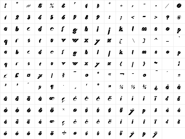 Cane Italic  glyph index