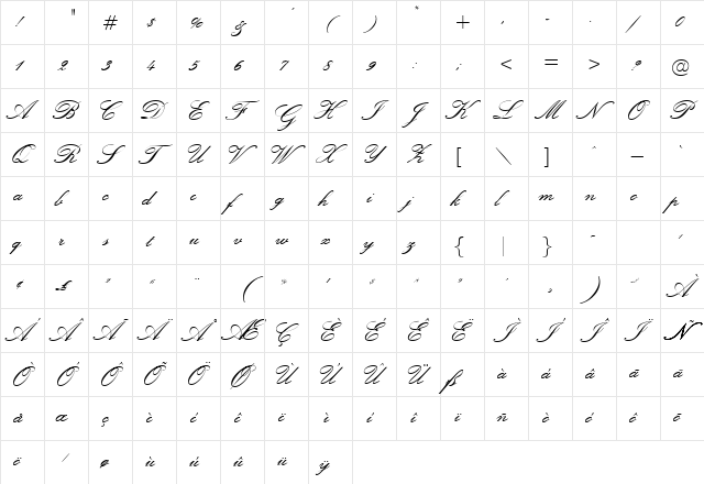 Exmouth Regular  glyph index