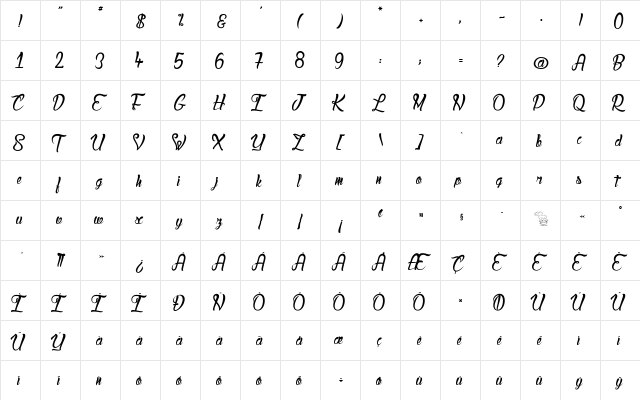 Lady Bohemia Regular  glyph index