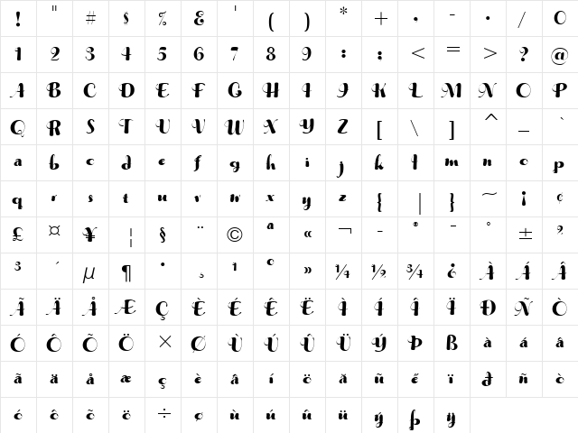 Musica ITC Bold  glyph index