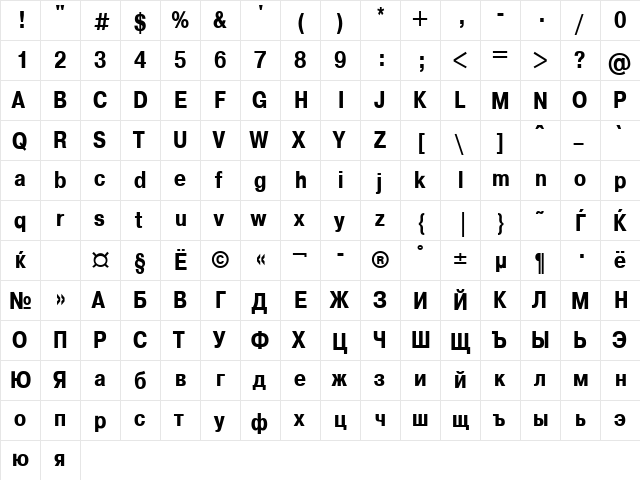 A1011Helvetika  TYGRA Condensed  glyph index