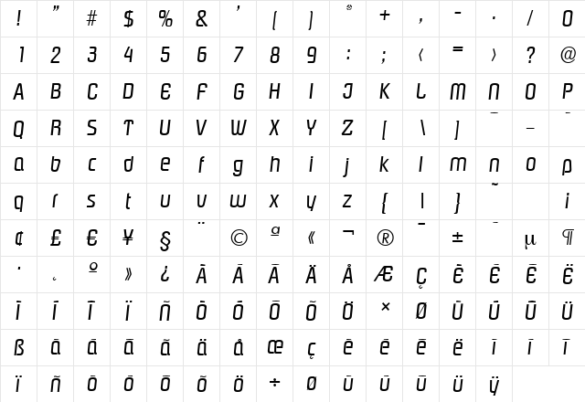 PasadenaSerial Italic  glyph index