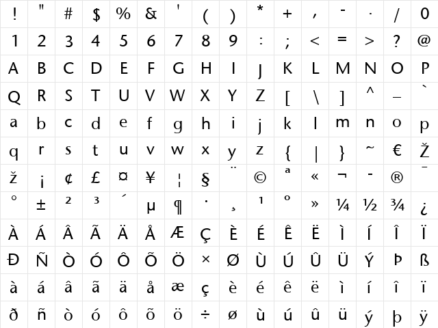 StoneSans LT Regular  glyph index