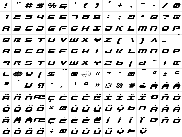 Gunship Italic Italic  glyph index