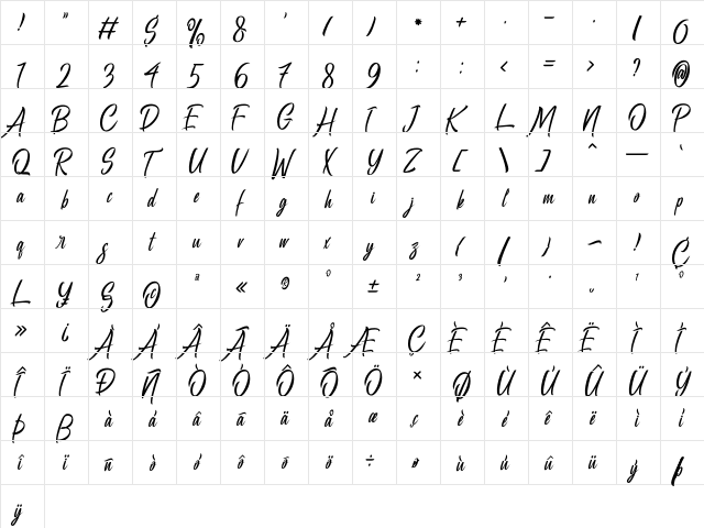 Bella Regina Regular  glyph index