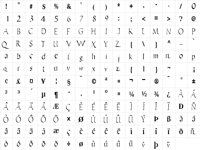 EricBrush21 Regular  glyph index