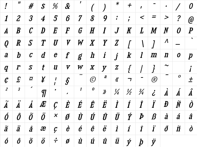 Kingsbridge SemiCondensed Italic  glyph index