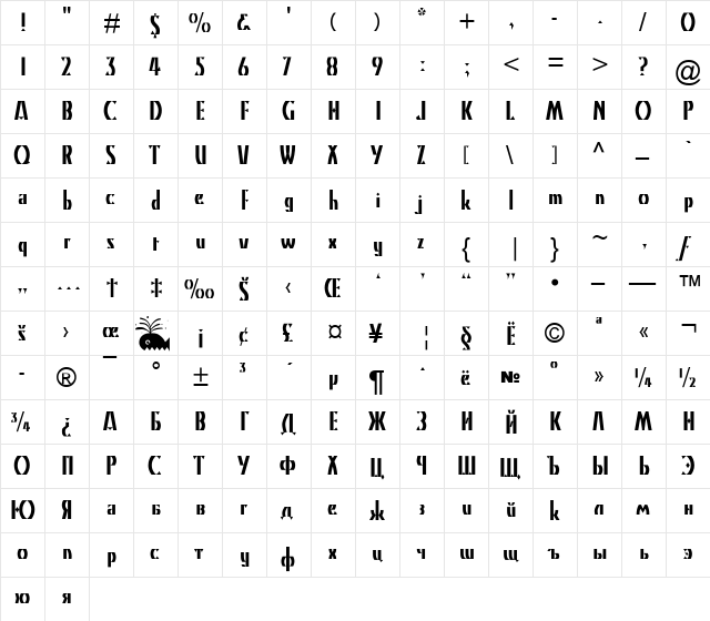 Kino TYGRA Regular  glyph index