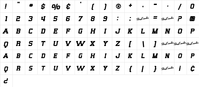 SF Big Whiskey SC Bold  glyph index