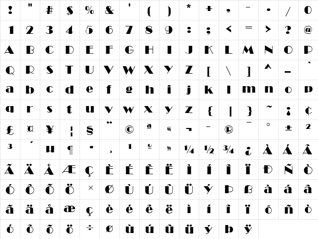 Broadway2 Regular  glyph index