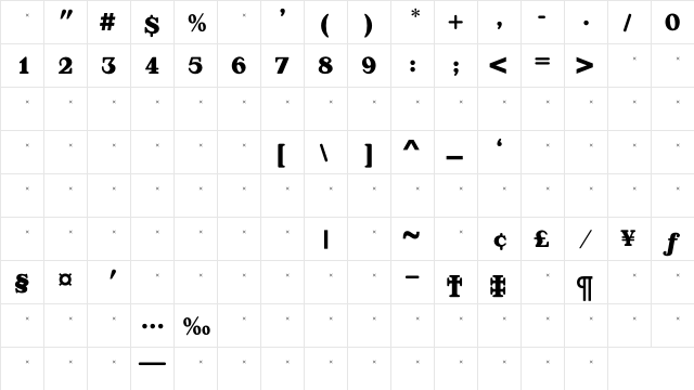 AppleyardBoldTab Regular  glyph index