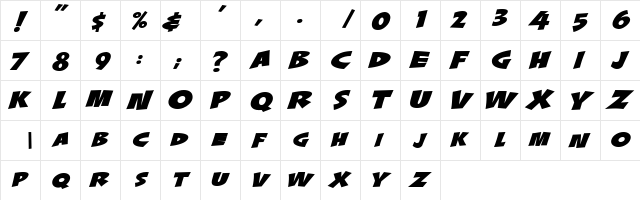 LHF Splash Italic Regular  glyph index