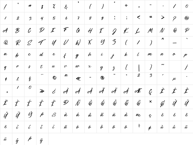Tribista Regular  glyph index