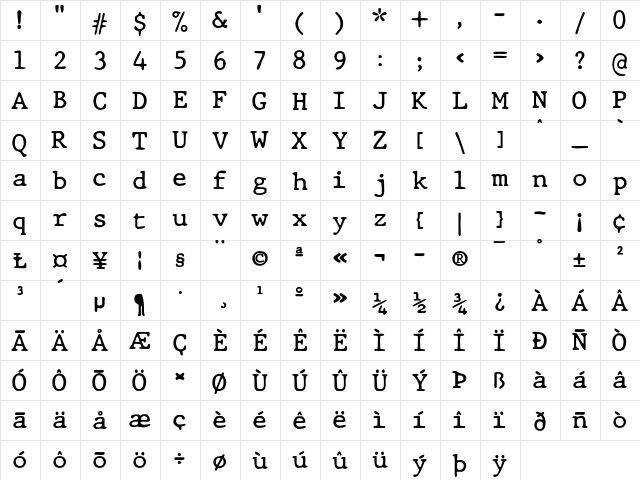 JMH Typewriter dry Regular  glyph index