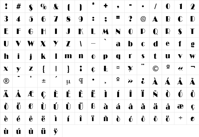 BroadwayCondensed Regular  glyph index