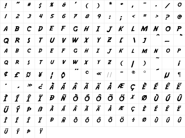 Adventure Regular  glyph index