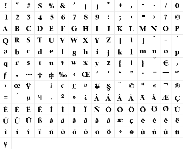 Belfast-ExtraBold Regular  glyph index