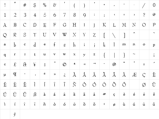 Reed Regular  glyph index