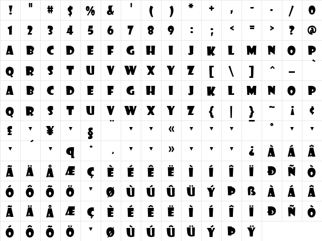 Showcard Regular  glyph index