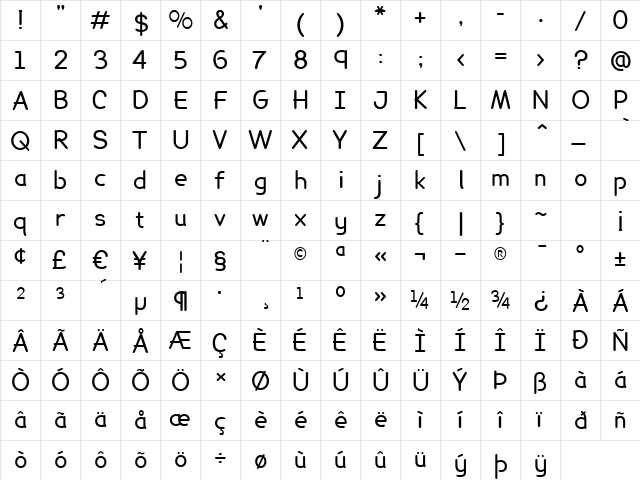 Lexia Regular  glyph index