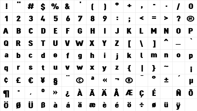 Dinova Black  glyph index