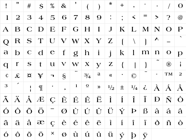 Americana T Bold  glyph index