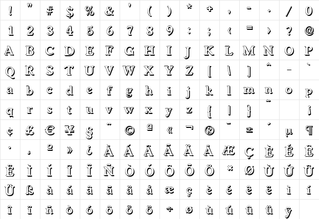 WorcesterShadow Bold  glyph index