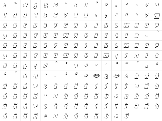 Inspector General 3D Italic Regular  glyph index