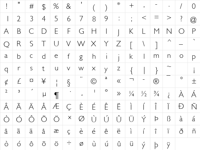 Gill Sans Light  glyph index