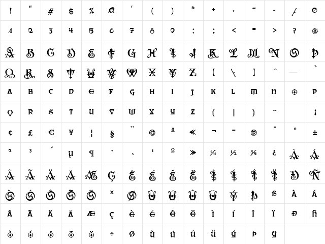 Saber Regular Regular  glyph index