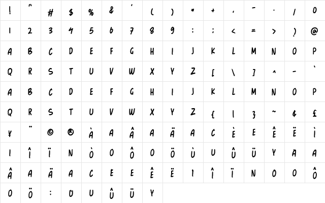 GoodBoom Regular  glyph index
