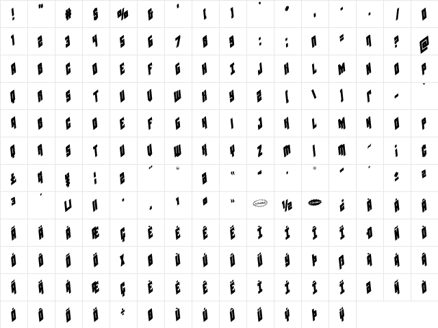 Galaxy Force Rotated Regular  glyph index