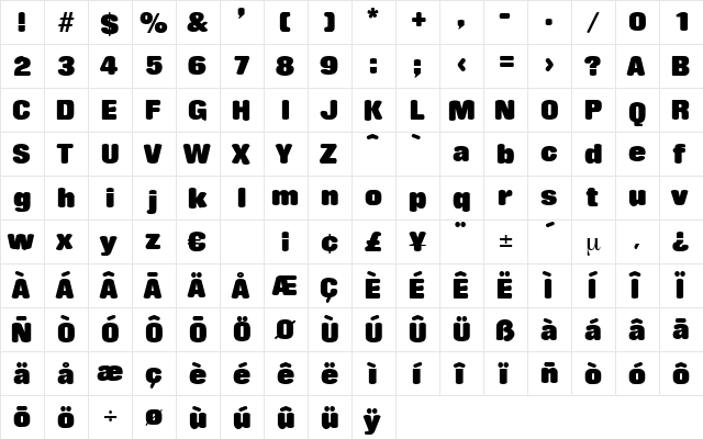 Boardwalk Regular  glyph index