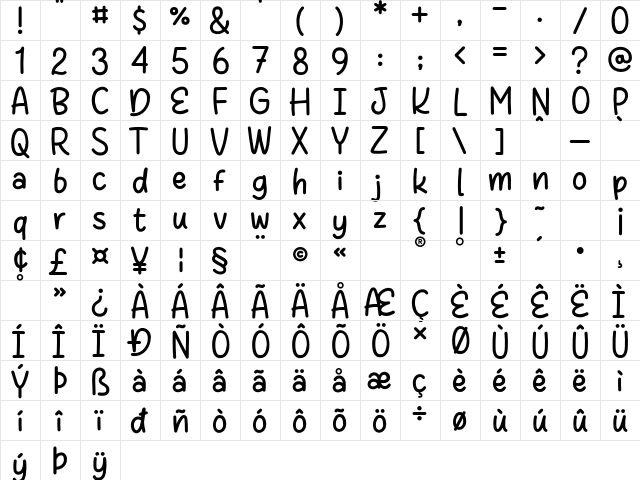 Cutie Dashley Regular  glyph index