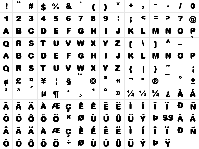 Plump MT Regular  glyph index