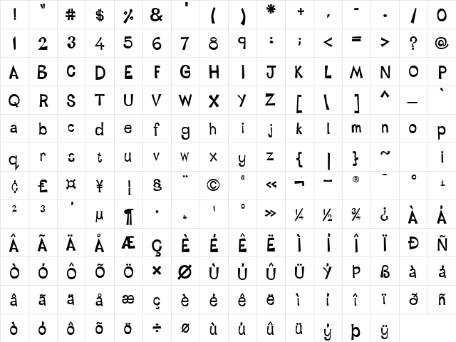 LTTapeside Regular Bold  glyph index