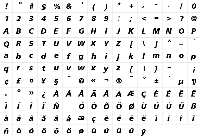 Palma Black SSi Black Italic  glyph index