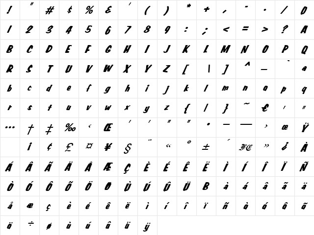 JungleItalic Regular  glyph index