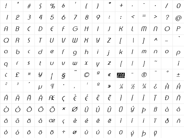 XpressiveLight Italic  glyph index