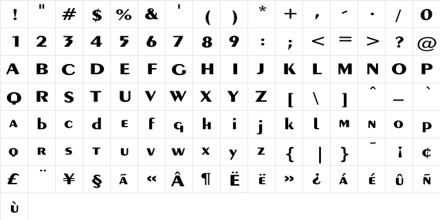 Exotic-Bold Wd Regular  glyph index