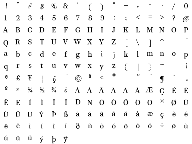 Paperback 48 TT Regular  glyph index
