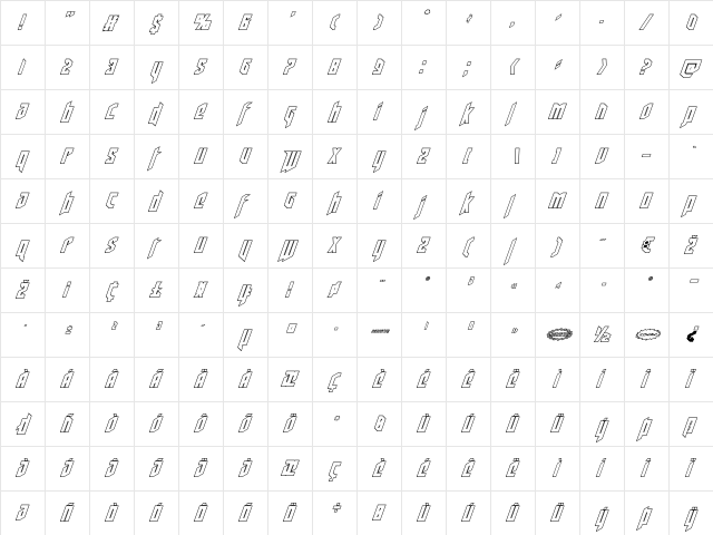 Deathshead Outline Italic Italic  glyph index