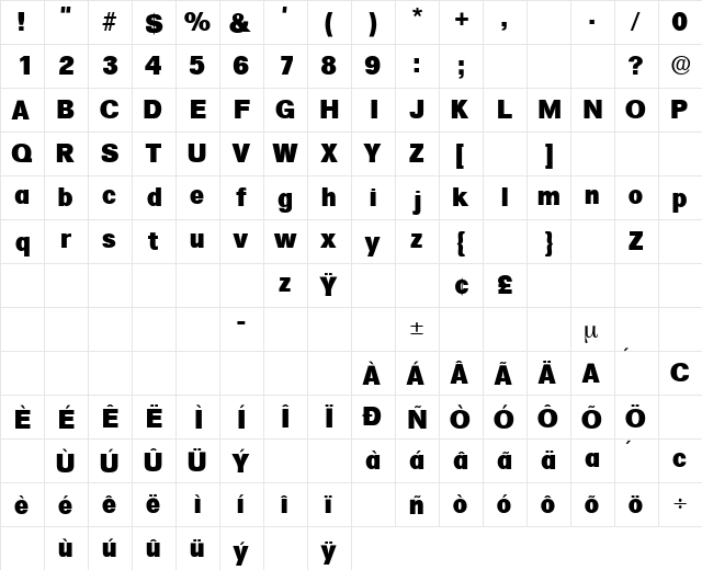 SalinaDisplay Regular  glyph index