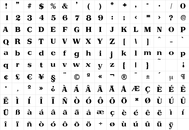 PriamosSerial-Xbold Regular  glyph index