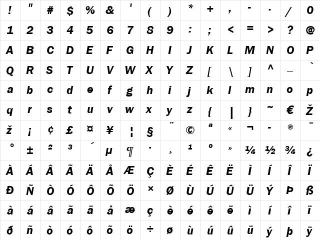 ITCFranklinGothic LT Book Bold Italic  glyph index