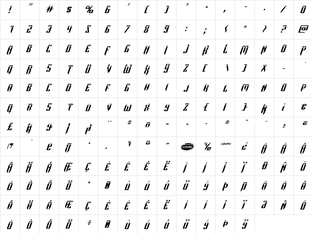The Immortal Laser Italic Italic  glyph index
