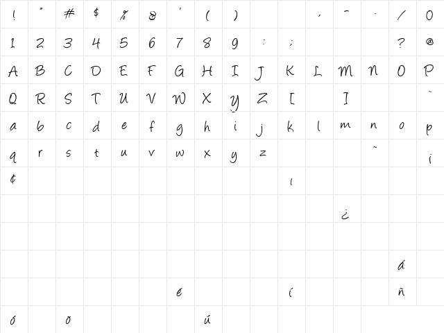 Angelina Regular  glyph index